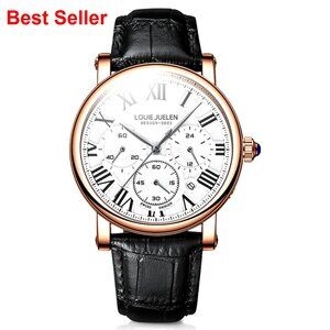 Multifunction Chronograph Watch with Roman Numerals and Leather Band